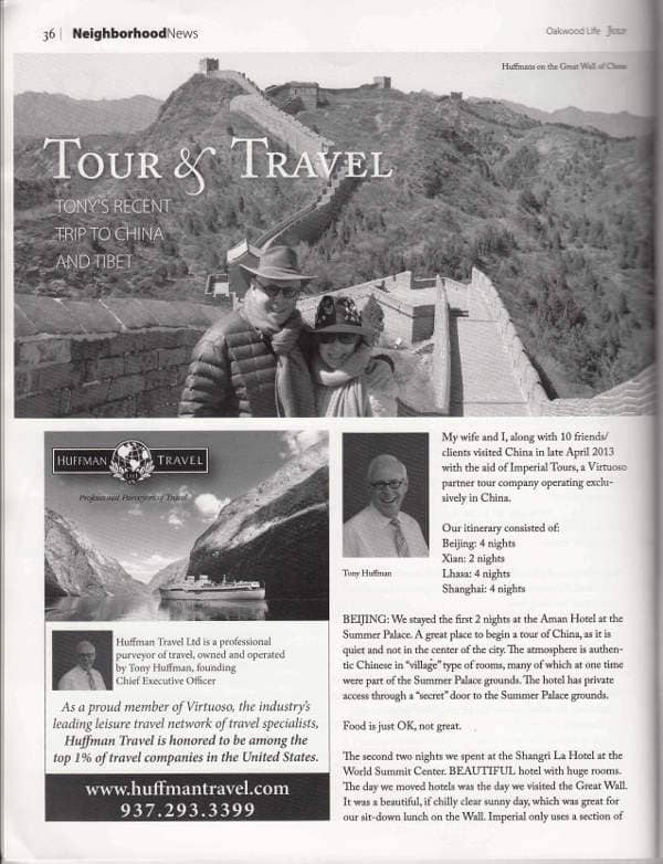 Page 1 of Tony Huffman's recent trip to China with Imperial Tours
