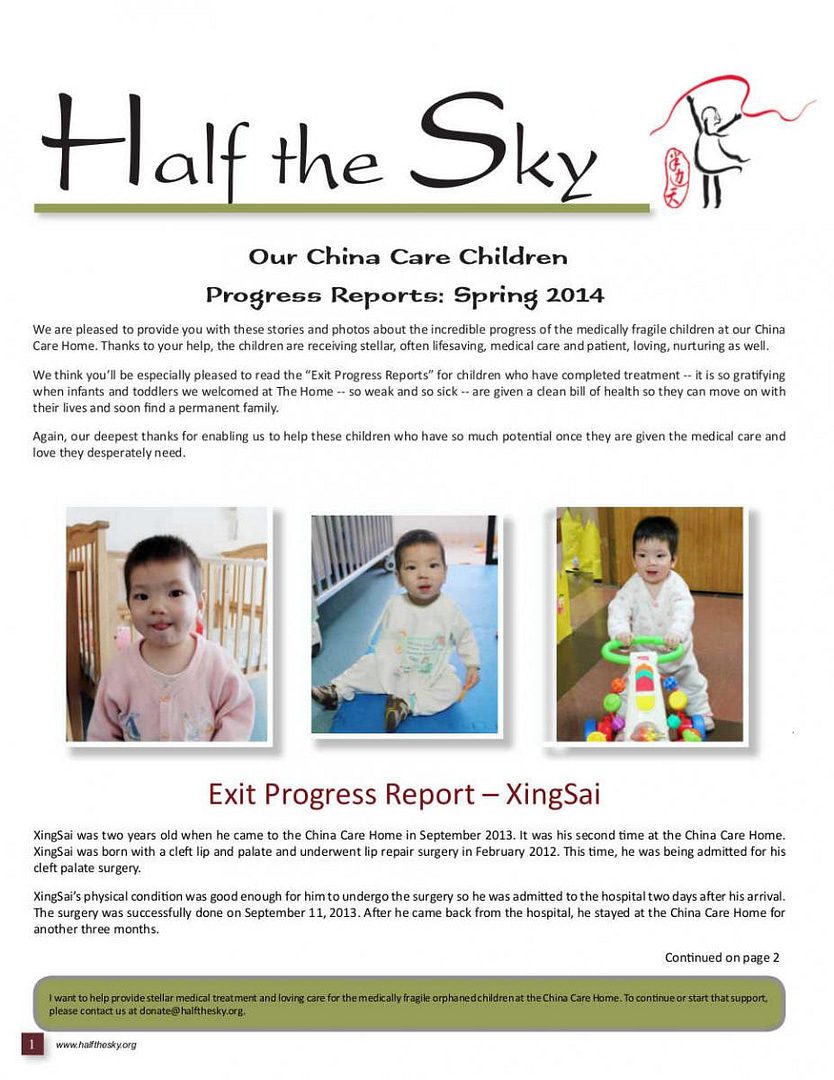 Image of Half the Sky's China Care Home Spring 2014 Newsletter