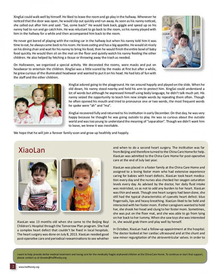 Image of Half the Sky's China Care Home Spring 2014 Newsletter: Page 2