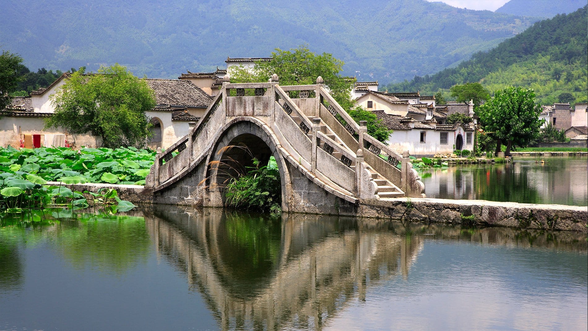 Huizhou Village Architecture~Apart from its practical uses for washing, drinking and food preparation, water plays a symbolic role in Huizhou architecture. Its collection, whether in an ornamental pond between the rooves of a courtyard house or outside a village, was considered a store of good fortune.